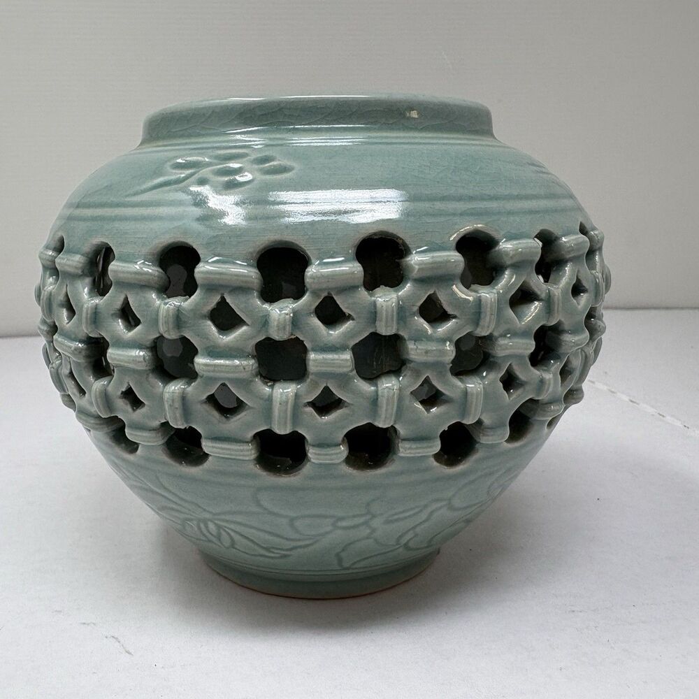 Korean Celadon Double Wall Openwork Vase W/Inlaid Crane & Cloud Motif 5” x 6”
